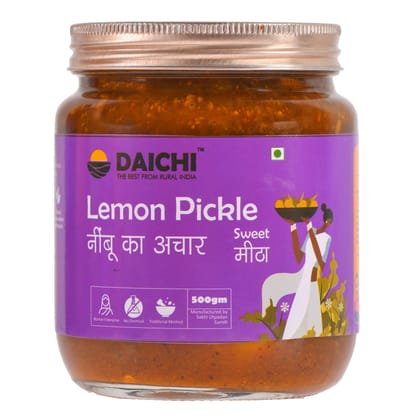 Daichi - Lemon (Sweet) Pickle | Crafted with love by women artisans | Sun cured | Cold-pressed mustard oil | In-house spices | No Preservatives 500g (Pack of 1)