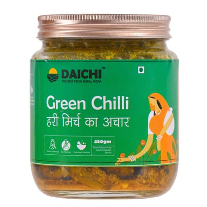 Daichi - Green Chilli Pickle | Crafted with love by women artisans | Sun cured | Cold-pressed mustard oil | In-house spices | No Preservatives 450gm (Pack of 1)