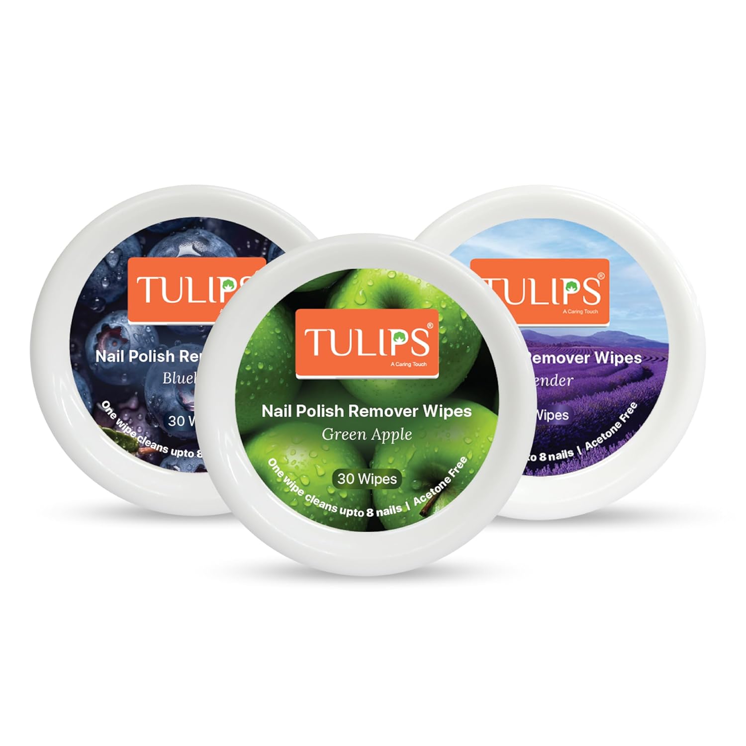 Tulips Nail Polish Remover Wipes, Acetone Free, Convenient Pre-Moistened (Green Apple, Blueberry & Lavender) (Pack of 3)