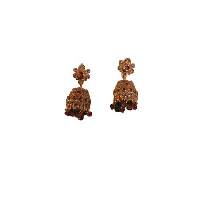  14k Gold Plated Indian Jhumka Earrings with Ruby and Emerald Stones