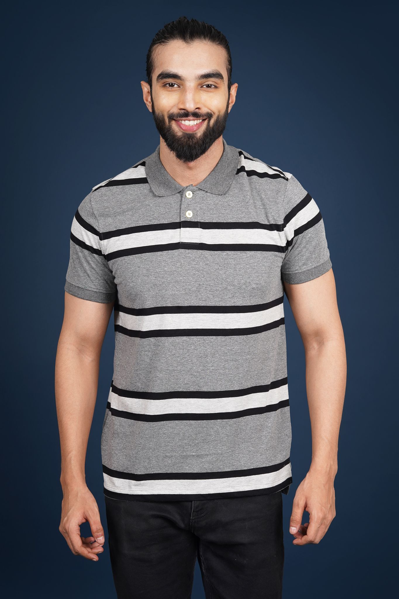 Men's Anthra Mel/Black/White Striped Polo T-Shirt