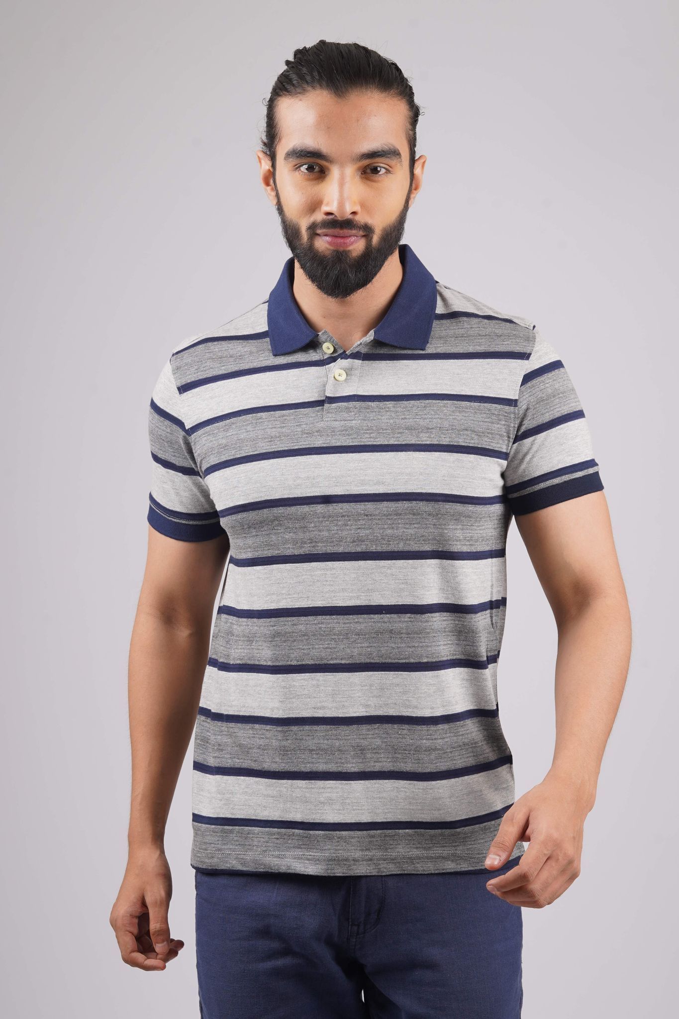 Men's Grey/Navy Striped Polo T-Shirt