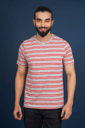 Men's Grey Melange Striped Crew Neck T-Shirt