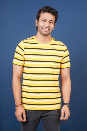 Men's Yellow Striped Crew Neck T-Shirt