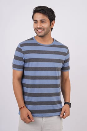 Men's Blue Striped Crew Neck T-Shirt