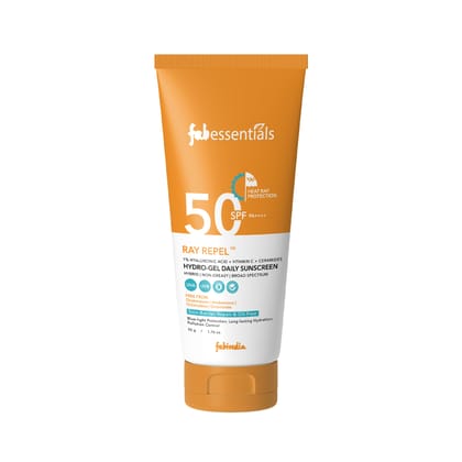 Fabessentials Hyaluronic Acid & Vitamin C Ray Repel Hydro-Gel Daily Sunscreen SPF 50 | Broad Spectrum UVA/UVB | Lightweight , Water Resistant , No White Cast, Non-Greasy Finish | Suitable for All Skin Types | 50g