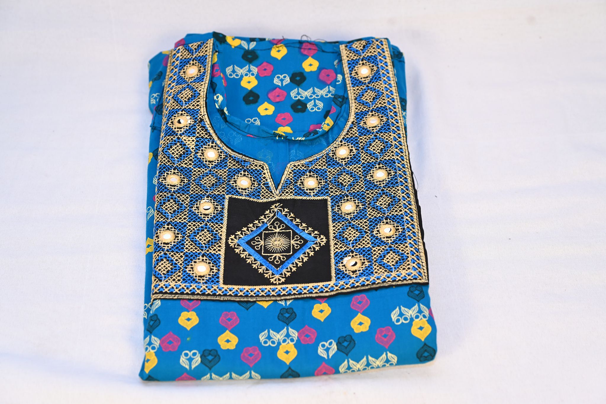 Blue cotton mirror work salwar kameez