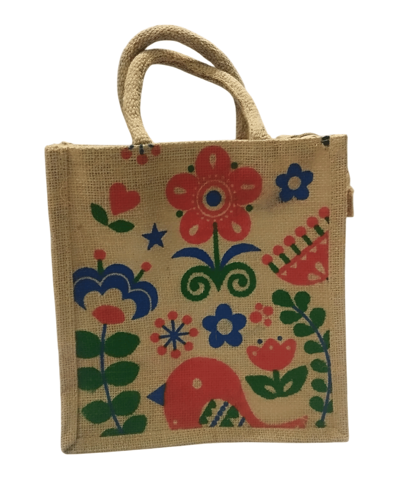 Floral Printed Jute Tote Bag with Zipper Closure and Reinforced Handles