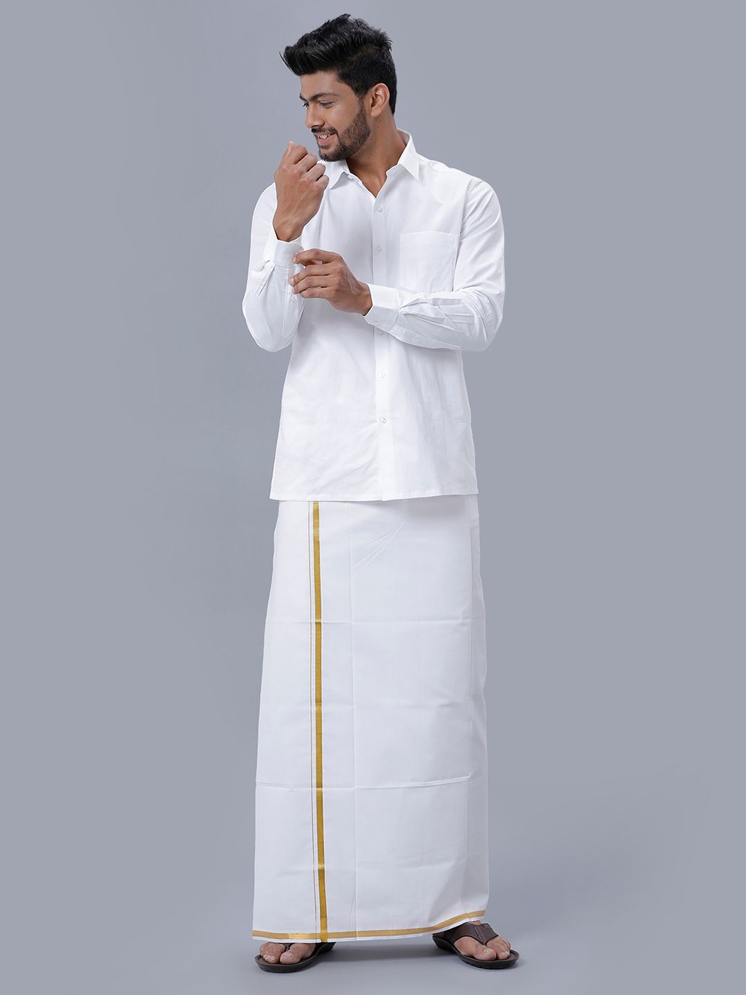 Mens Cotton White Shirting with 1/2" Jari Dhoti Set Combo Noble