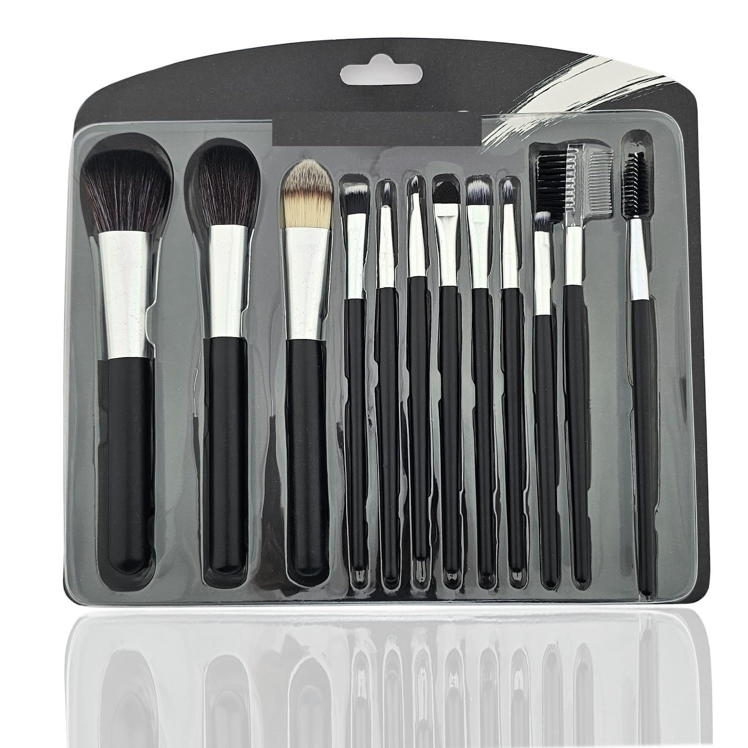 Professional Makeup Brush Set, 12 Pieces, Black and Silver-Foundation, Blush, Eyeshadow, Concealer, Powder