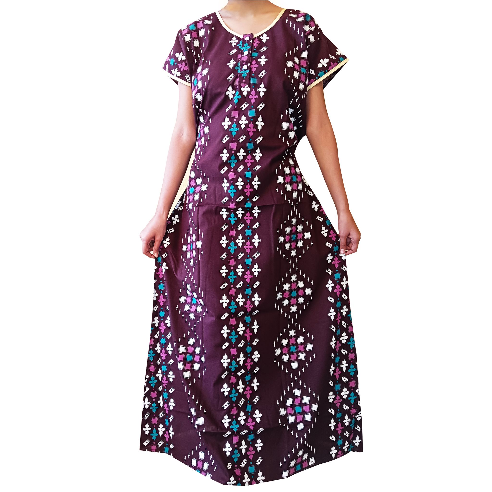 Women's Cotton Maxi Dress - Purple Floral Print