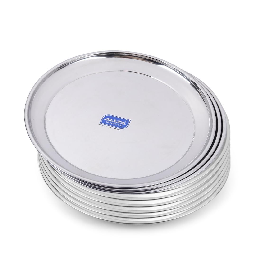 ALLTA Stainless Steel Heavy Gauge Dinner Plates With Mirror Finish (Diameter - 28cm) Set of 9 Pcs