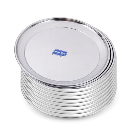 ALLTA Stainless Steel Heavy Gauge Dinner Plates With Mirror Finish (Diameter - 28cm) Set of 12 Pcs