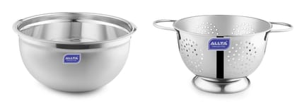 ALLTA Export Quality Heavy Gauge Stainless Steel German Bowl - 26cm (4500ML) & Colander -30cm(3000ML) | Combo Pack