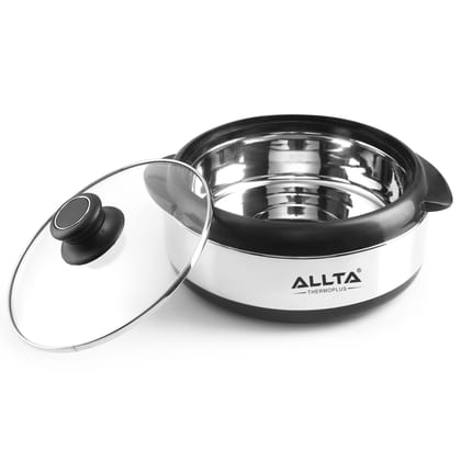 ALLTA Elegant Serving Casserole 1600ML With Glass Lid | Stainless Steel Insulated Casserole | Silver and Black (1.6 Litre)