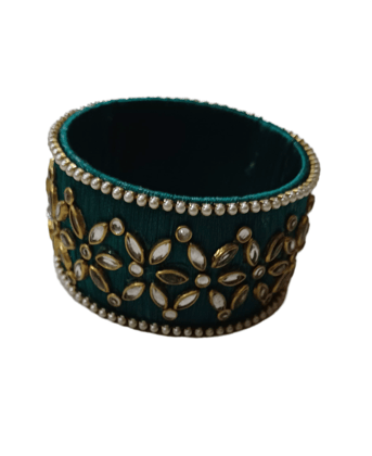  Green Silk Thread Bangle with Kundan and Pearl Embellishment