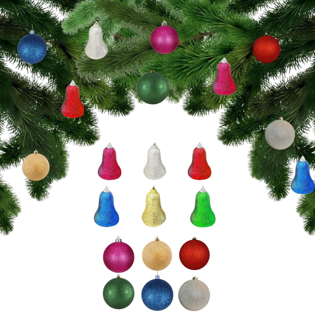 Wanna Party Glittery Ball and Bells Tree Decoration Combo Kit - Set of 12 PC