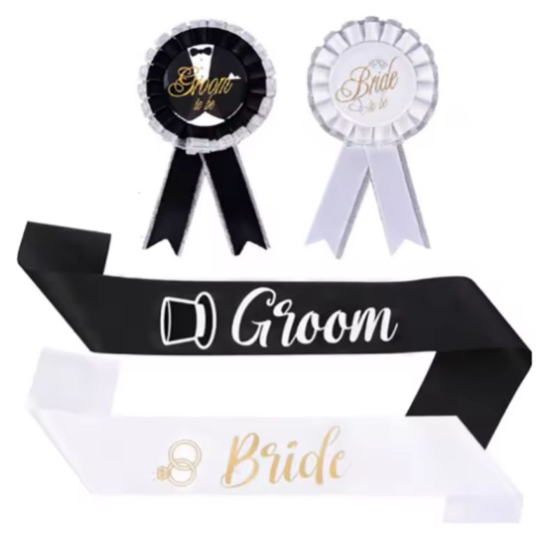 Wanna Party Bride & Groom Sash with Award Buttons Set - 4PC