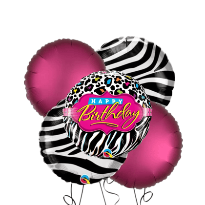 Wanna Party Happy Birthday Black &amp; White Set with Pink Round Balloons - 5PC