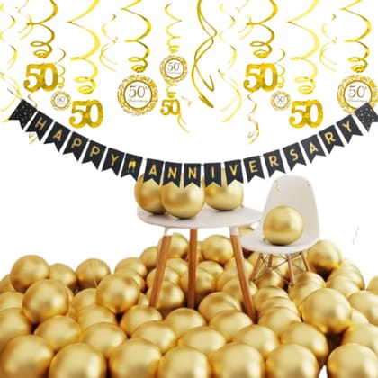 Wanna Party 50th Anniversary Party Decorations Combo Pack- 50th Anniversary Swirls, Happy Anniversary Banner,20 Golden Latex Balloons