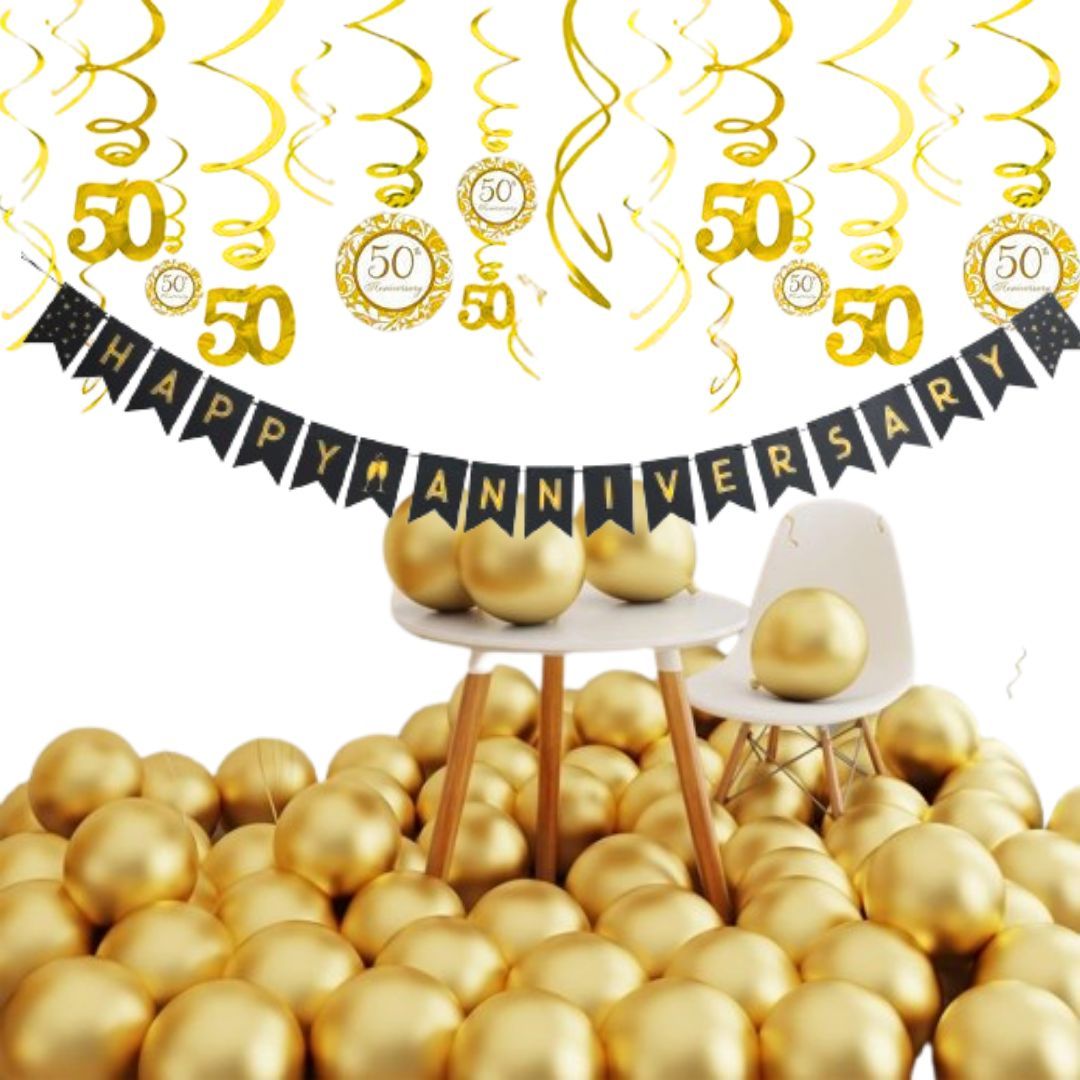 Wanna Party 50th Anniversary Party Decorations Combo Pack- 50th Anniversary Swirls, Happy Anniversary Banner,20 Golden Latex Balloons