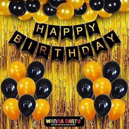 Wanna Party Happy Birthday Banner Decoration Kit including Birthday Banner, Foil Curtain and Black & Golden Balloons- Set of   34Pcs