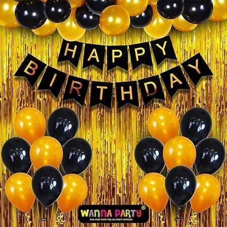 Wanna Party Happy Birthday Banner Decoration Kit including Birthday Banner, Foil Curtain and Black & Golden Balloons- Set of   34Pcs