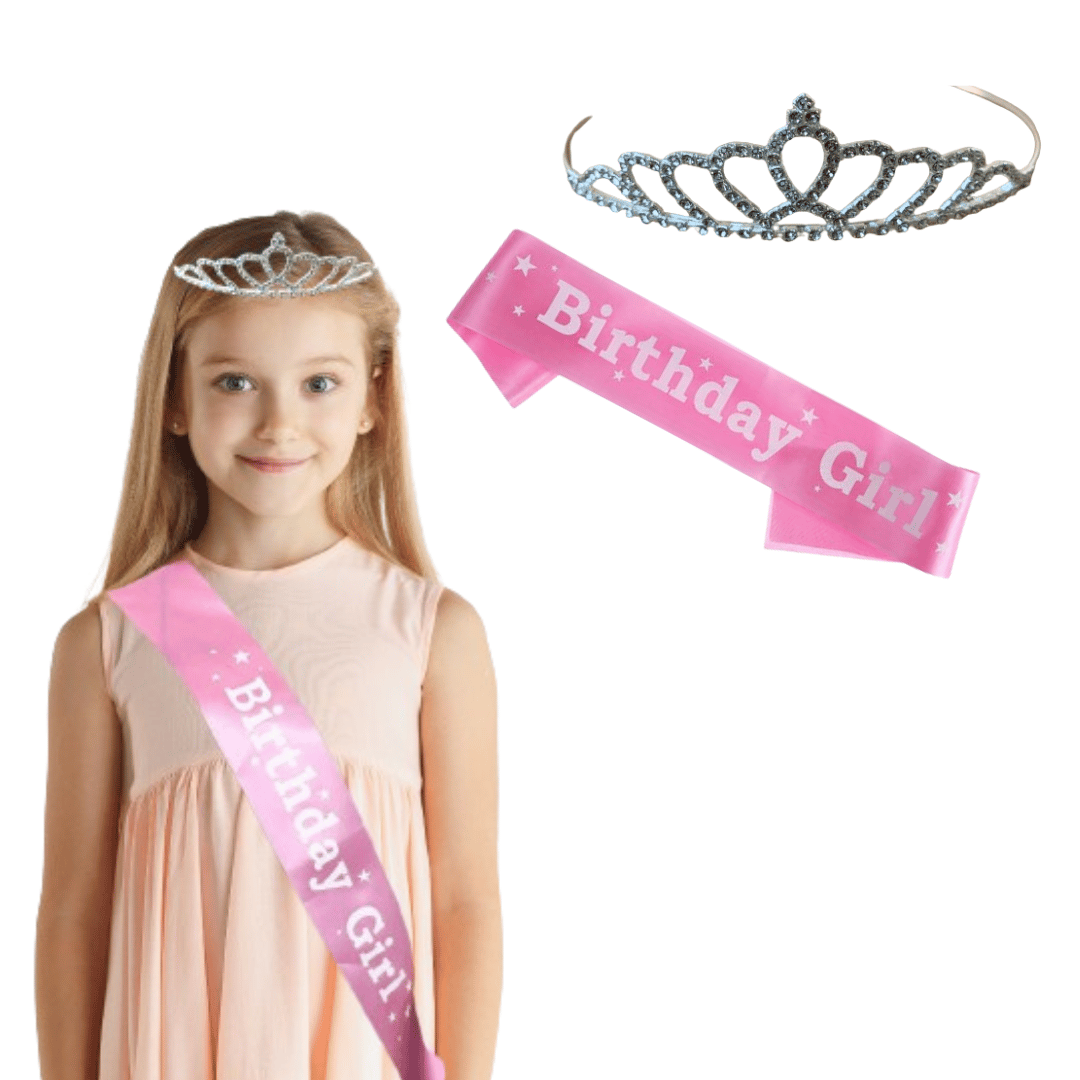 Wanna Party Silver Plated Crystal Tiara Crown With pink Sash For Baby Girls 2 pcs Combo