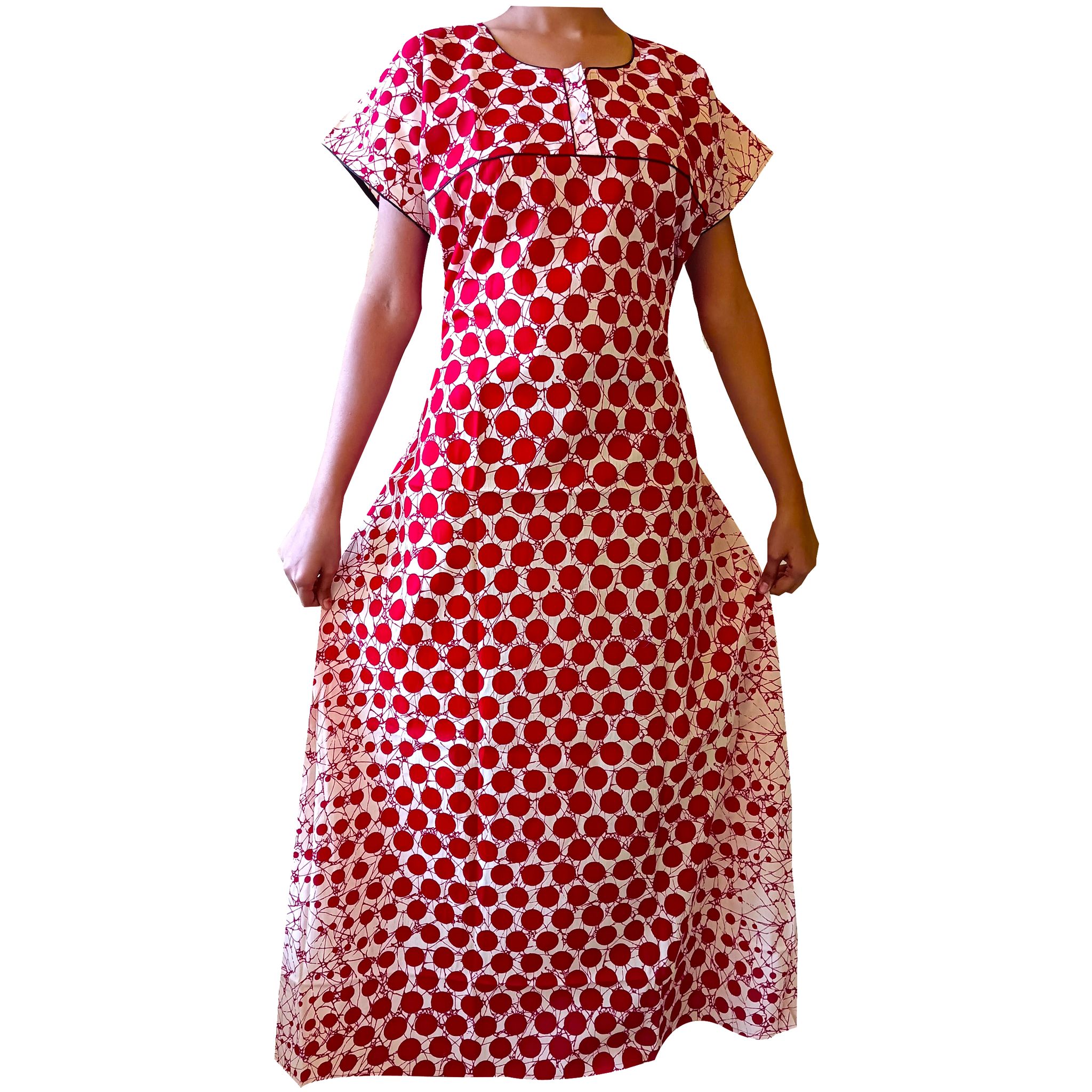 Women's Red and White Polka Dot Cotton Nighty