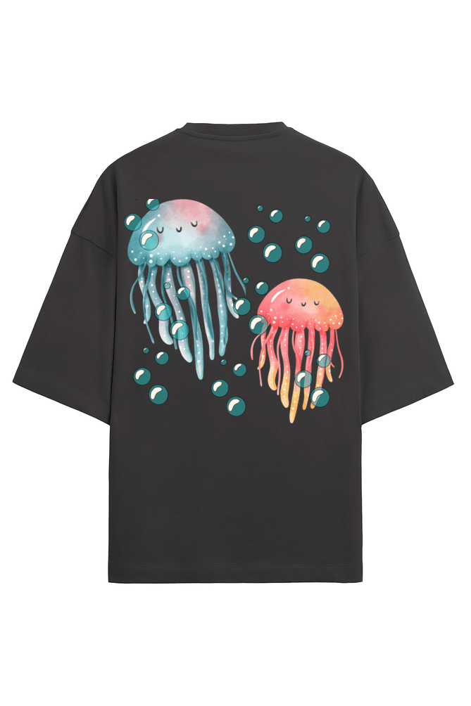 Clothikoo Oversized T-Shirt (JellyFish Print, 100% Cotton, 240 GSM, Black Colour)