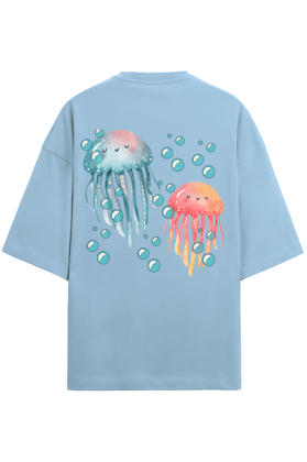 Clothikoo Oversized T-Shirt (JellyFish Print, 100% Cotton, 240 GSM, Blue Colour)