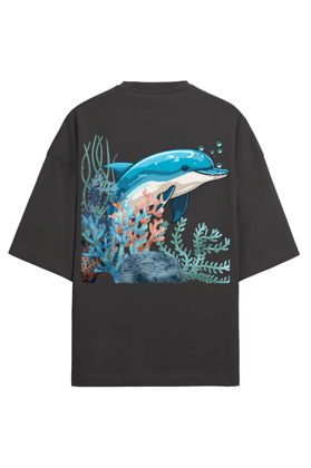 Clothikoo Oversized T-Shirt (Dolphin Print, 100% Cotton, 240 GSM, Black Colour)