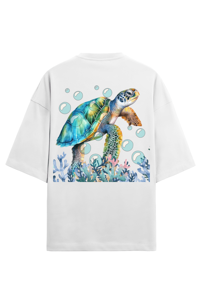 Clothikoo Oversized T-Shirt (Turtle Print, 100% Cotton, 240 GSM, White Colour)