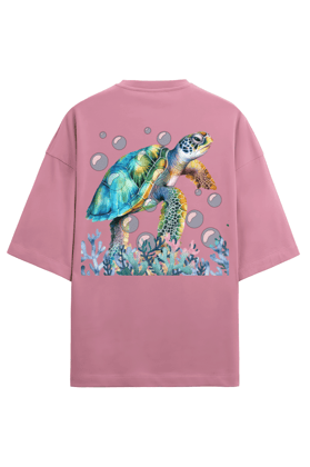 Clothikoo Oversized T-Shirt (Turtle Print, 100% Cotton, 240 GSM, Pink Colour)