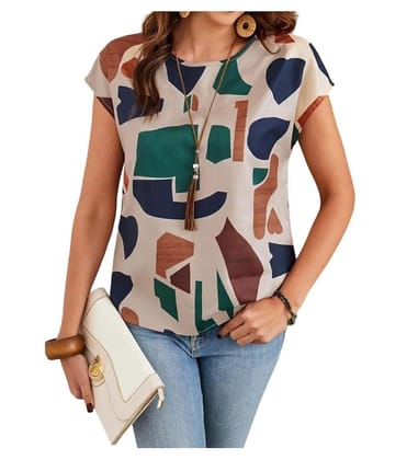 Women's Casual Rayon Short Sleeve Printed Round Neck Top (Multicolor) PID57100