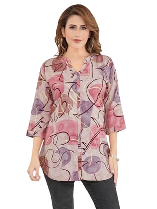 Women's Rayon Mandarin Collar 3/4 Sleeves Short Top (Pink) PID56227