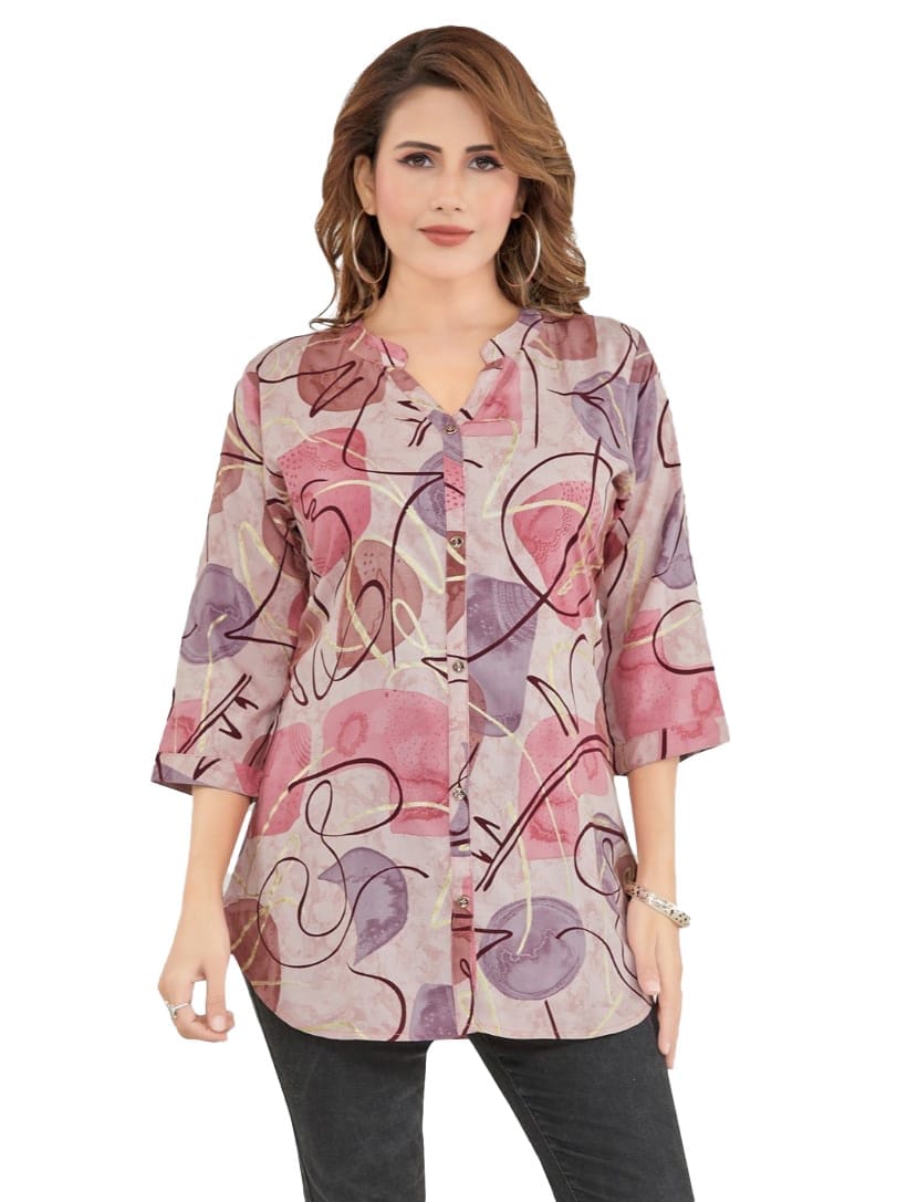 Women's Rayon Mandarin Collar 3/4 Sleeves Short Top (Pink) PID56227