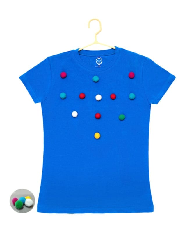 Girl's Casual Short Sleeve Pom Pom Balls Cotton T Shirt (Royal Blue) PID49323