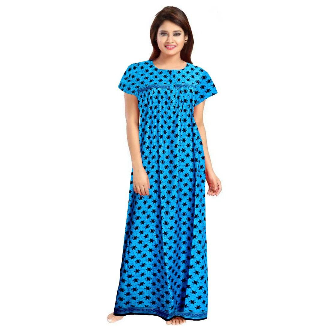 Women's Cotton Printed Maxi Nighty (Aqua Blue)