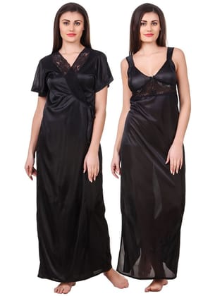 Women's Satin 2 PCs Set of Nighty And Wrap Gown with Half Sleeve(Color: Black, Neck Type: Sweatheart Neck)