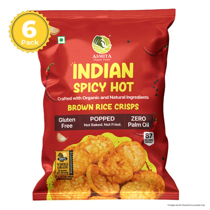 Asmita Organic Farms Brown Rice Popped Crisps Not Baked, Not Fried Low-Fat, High-Fiber Healthy Snacks with Foxtail Millet Indian Spicy Hot Flavor Low-Calorie Pack of 6 (55g Each)