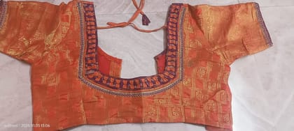 Orange Silk Saree Blouse With Zari Embroidery