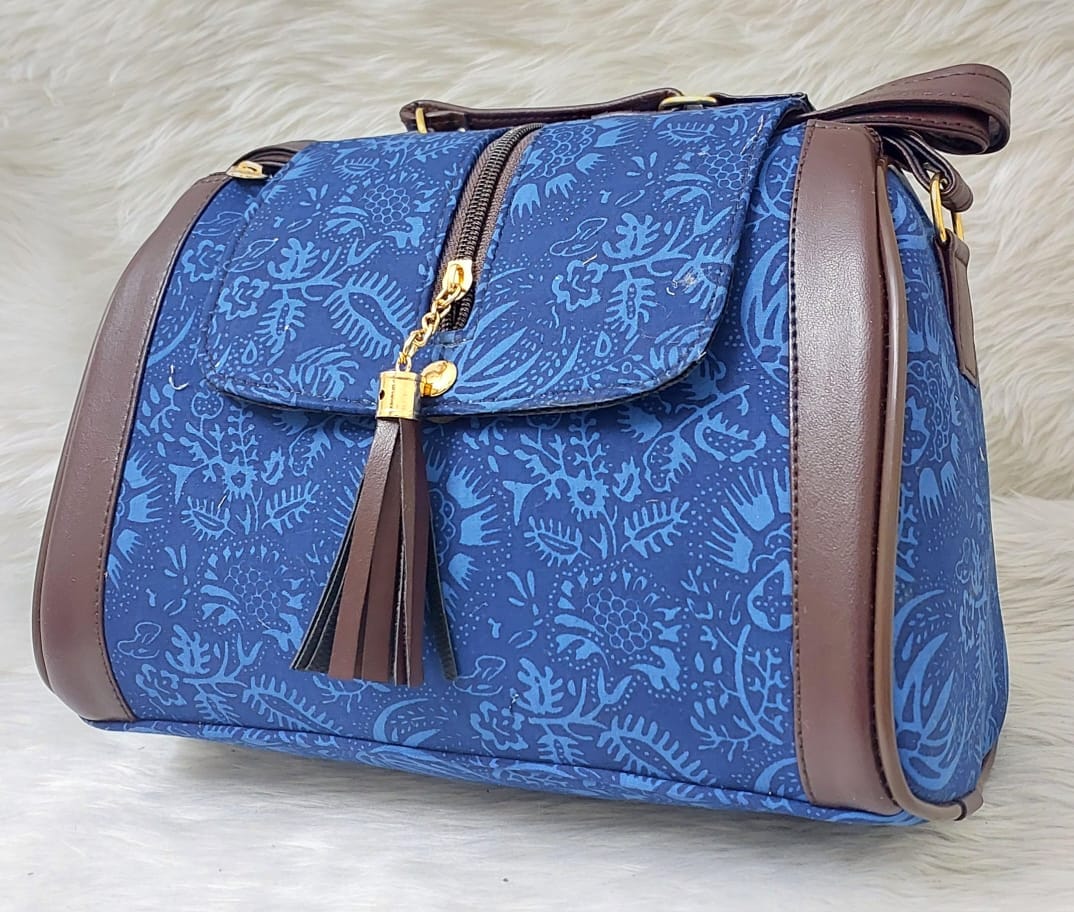 Blue and Brown Sling bag with Tassel and Floral Pattern