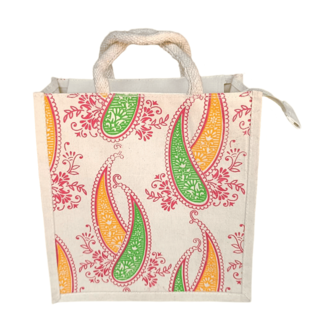 Paisley Print Cotton Canvas Jute Tote Bag with Zipper Closure