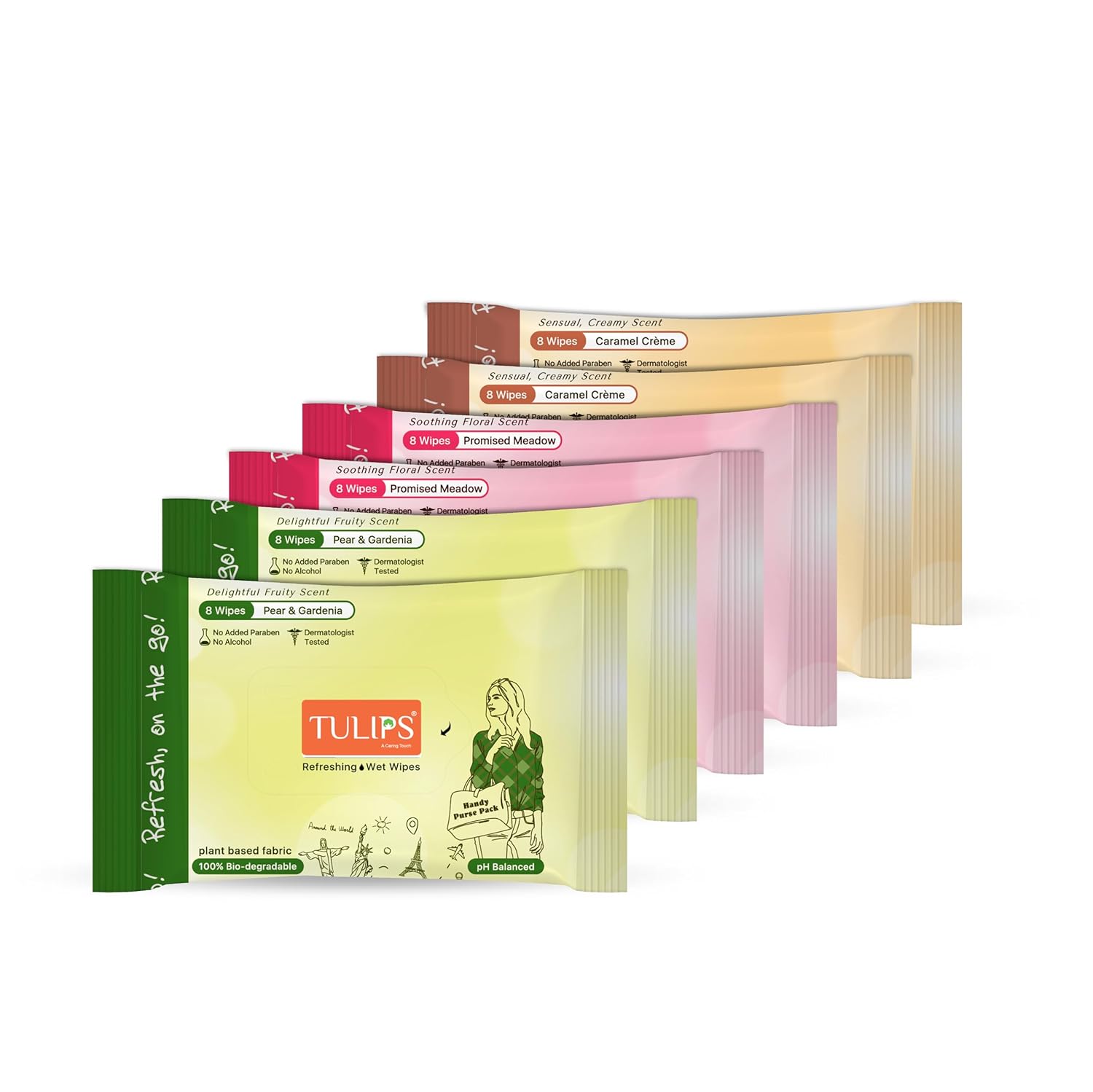 Tulips Refreshing Pocket Wipes: Gentle Care & Delightful Scents for All Skin (Pack of 6)