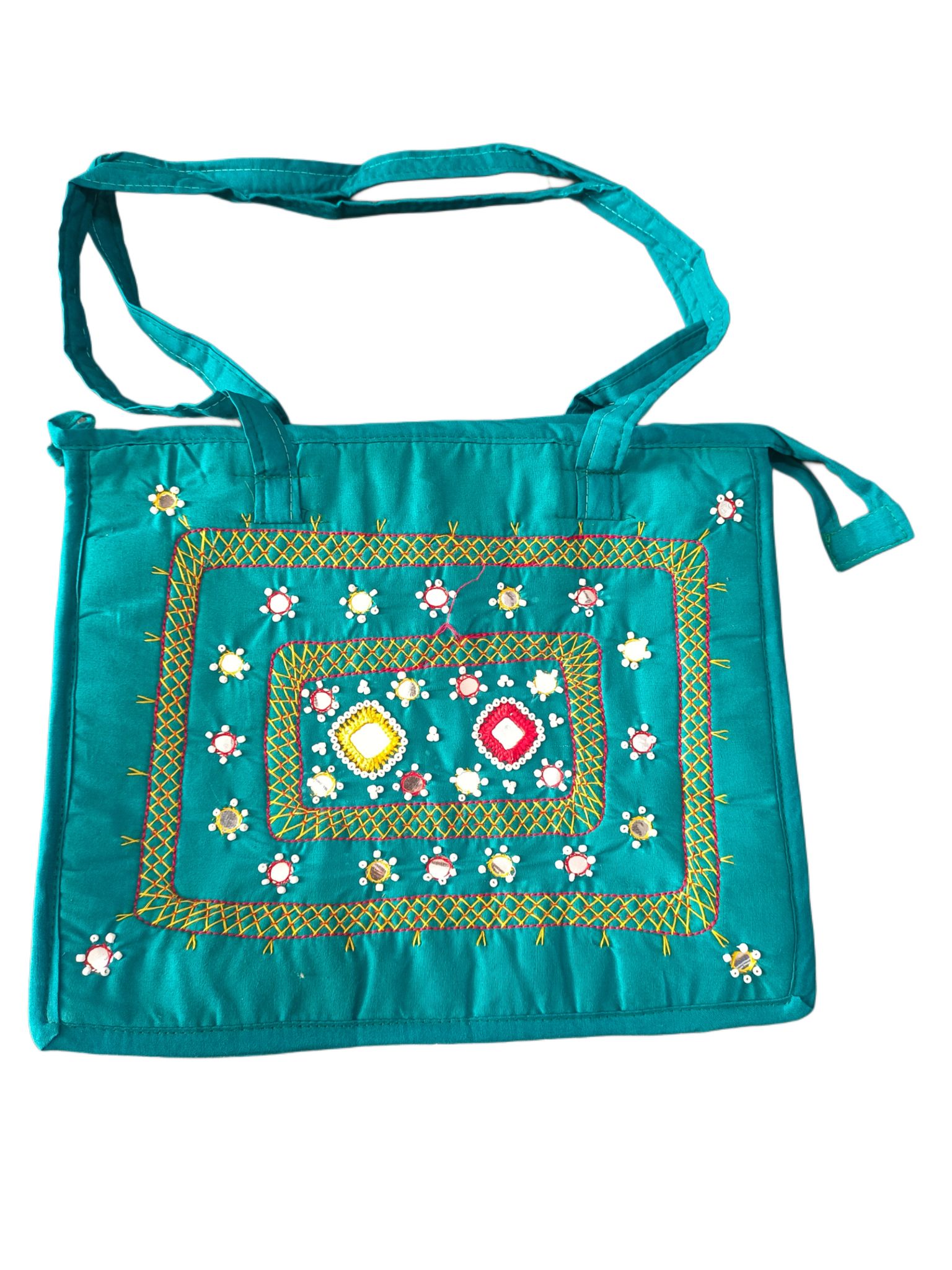  Green Hand Embroidered Mirror Work Tote Bag with Adjustable Strap