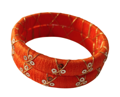 Orange Silk Thread Bangle Set with Golden Beads