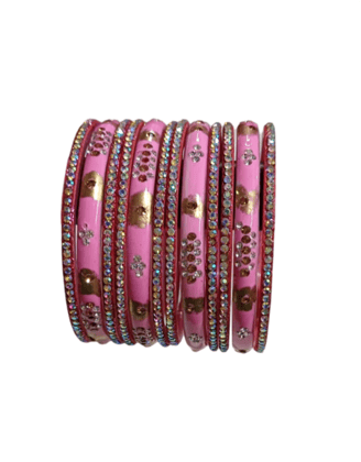 Pink and Red Glass Bangles with Rhinestones - Set of 12