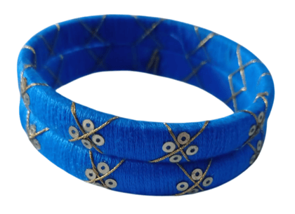  Blue Silk Thread Bangle Set with Golden Beads for Women and Girls