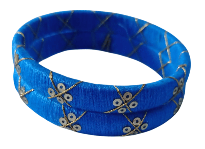  Blue Silk Thread Bangle Set with Golden Beads for Women and Girls